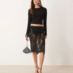 Mango Black Sheer Lace Sequin Fringe Midi Skirt